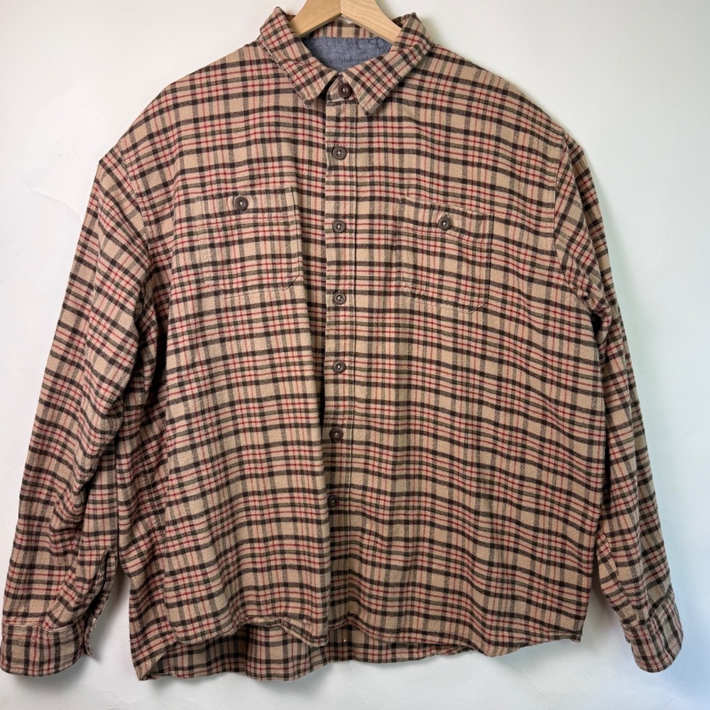 Wrangler Premium Quality Mens 2XL Plaid Flannel Shirt Tan Red‎ Cotton HLP3CHE